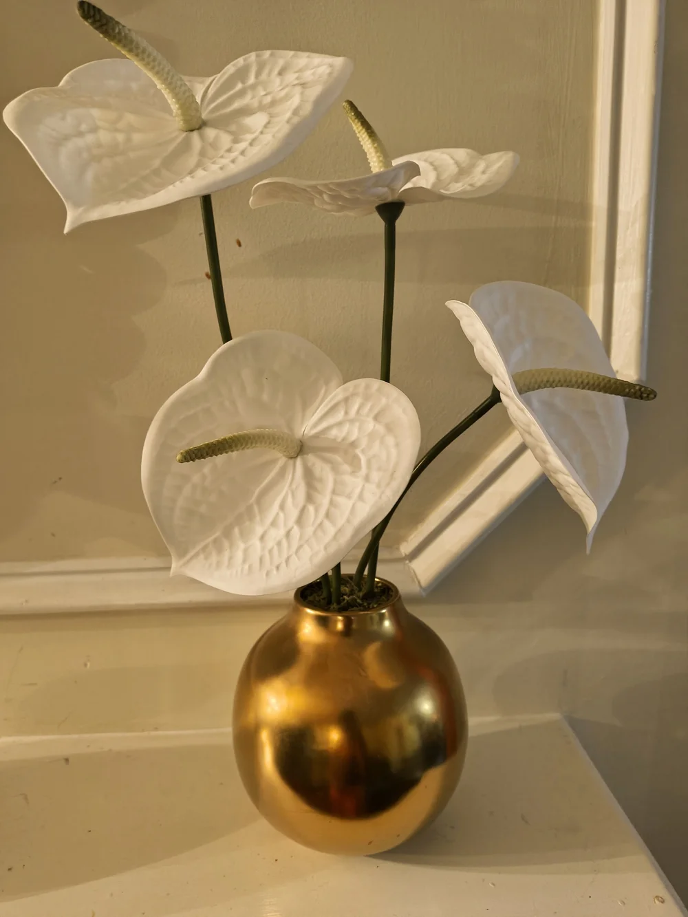 Gold Vase with White Anthurium Stems - Home Accents